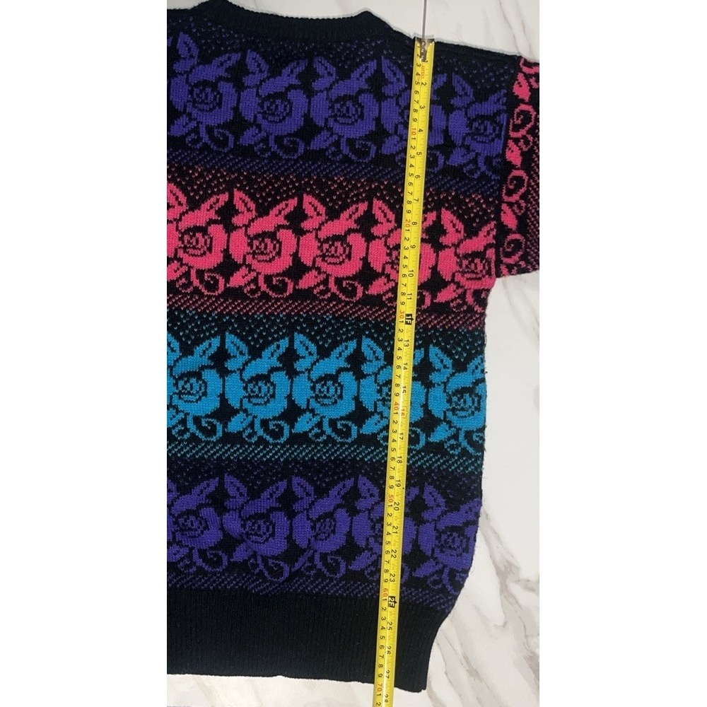 Vintage Rainbow Rose Knit Sweater Women M 3/4 Sleeve Colorblock Floral Y2K - Picture 10 of 11